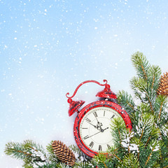 Aufkleber - Christmas background with clock and branch