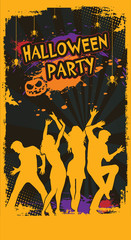 Wall Mural - Poster or flyer for Halloween party. Silhouette of dancing people in a nightclub. Cartoon Ghost, shadow, pumpkin and spider. Background with web, apparition, spook, horror. Scary fairy. Vector. 