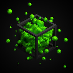 Poster - Abstract 3d rendering of chaotic low poly liquid in cube. Background with dynamic polygonal fluid splash. Design element.