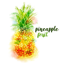 Bright Color Pineapple Fruit And Lettering On White Background With Watercolor Stains. Vector Illustration.