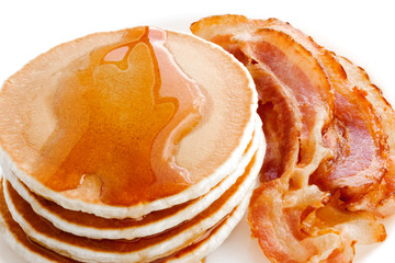 Wall Mural - Pancakes with maple syrup and Bacon on a white background. Breakfast, snacks.