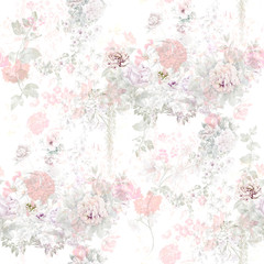  Watercolor painting of leaf and flowers, seamless pattern on white background