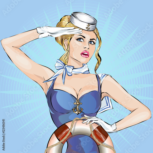 Naklejka na szybę Sexy pin up sailor woman with lifebuoy saluting, Pop art hand drawn vector illustration