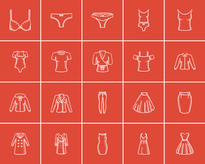 Sticker - Clothes for women sketch icon set.