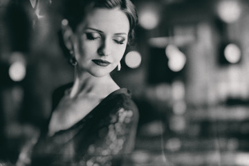 beautiful young woman Retro fashion. Black and white image