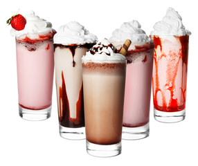 Poster - Glasses with delicious milk shakes on white background.