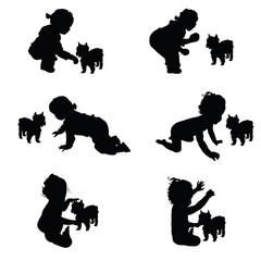 Wall Mural - child silhouette with dog silhouette illustration in black