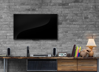 Wall Mural - Tv on brick wall with wooden table media furniture