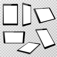 Poster - realistic black tablet vector template isolated on transparent checkered background in different poi