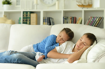 Wall Mural - Sleeping brother and sister in room