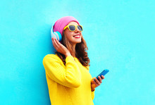 Fashion Pretty Sweet Carefree Girl Listening To Music In Headpho