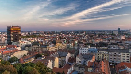 Wall Mural - Panorama of the city center timelapse, Zagreb capitol of Croatia, with mail buildings, museums and cathedral in the distance.