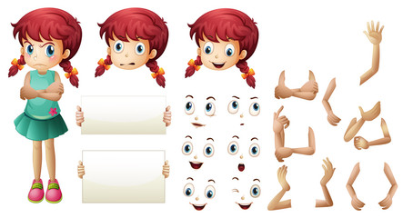 Girl set with different hand gestures and facial expressions