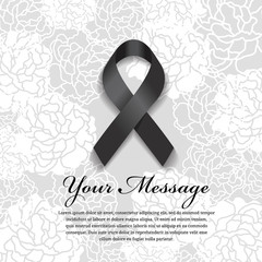 Wall Mural - funeral card - black ribbon and place for text on soft flower abstract background