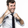 smiling hairy businessman showing fists for punchy corporate fight