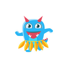 Sticker - Blue Monster With Horns And Spiky Tail Dancing Hula