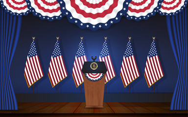 President podium on stage with flagstaff on back and semi-circle flag on top. Open curtain stage with blue background and wooden floor. Vector illustration