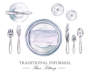 traditional informal place setting. watercolor illustration