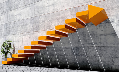 steps to move forward to next level, success concept, orange staircase with arrow sign and concrete 