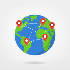 Wall Mural - pin points on world map / travel concept illustration. location marker on globe, vector graphic.