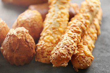 Sticker - Bread cheese sticks on table, close up