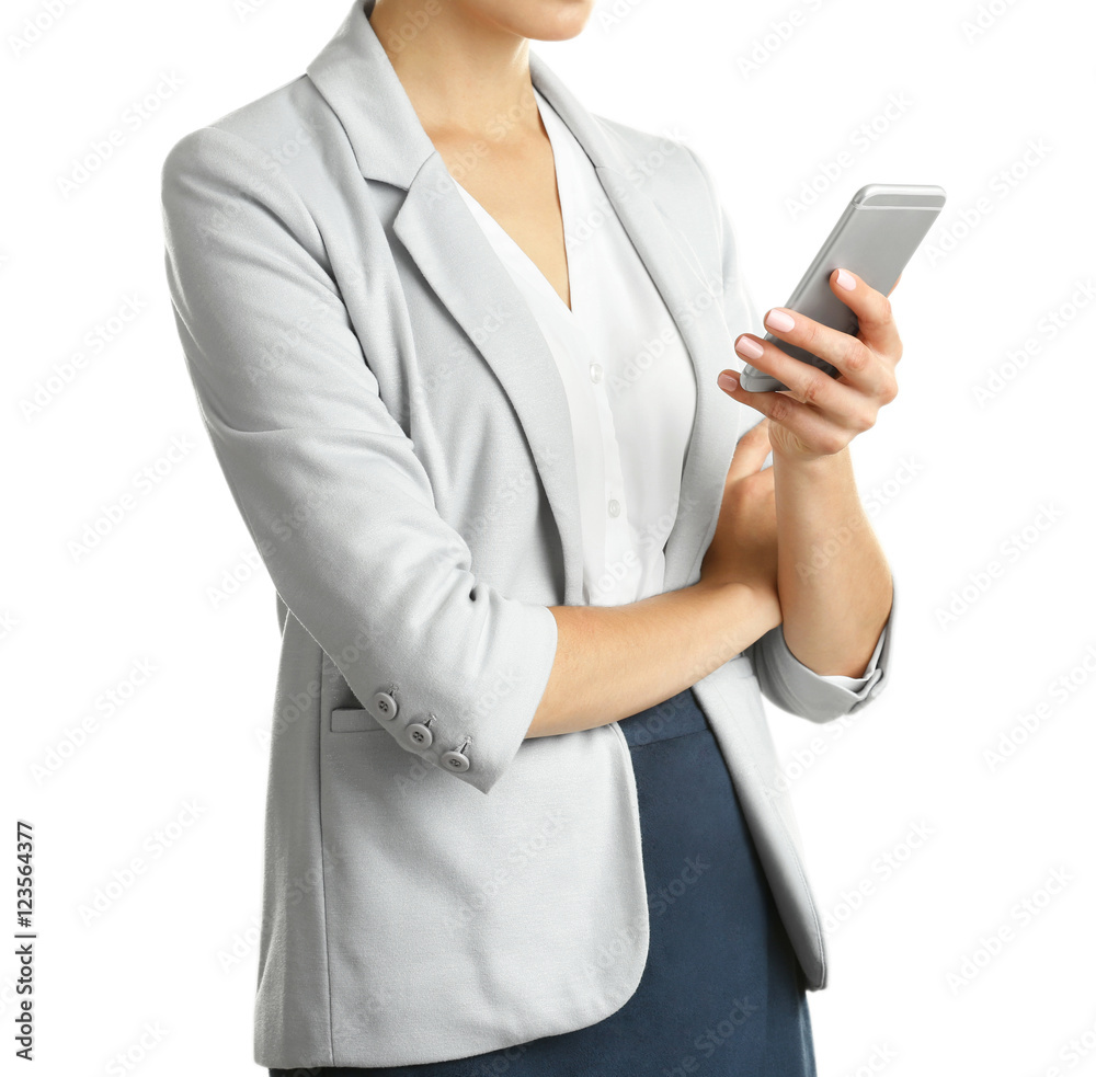 Businesswoman with phone on white background