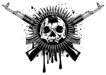 Punched Skull With Crossed Machine Gun
