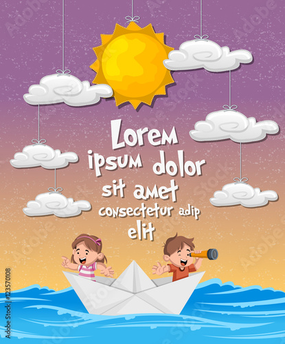 Kids inside a paper boat at the sea. Sky with sun and clouds hanging on strings.