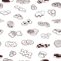 Doodle seamless pattern with different cookies and biscuits desserts. Repeated background with sweet dessert.