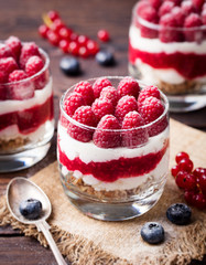 Raspberry dessert, cheesecake, mouse in a glass