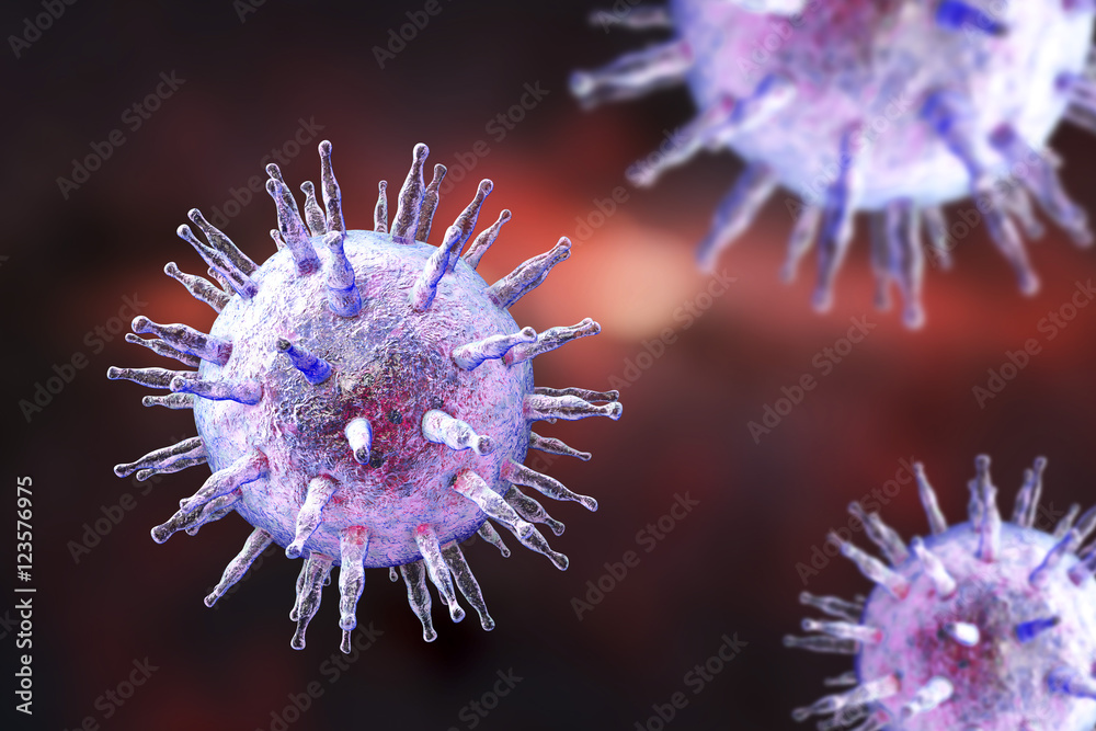 Epstein-Barr virus EBV, a herpes virus which causes infectious mononucleosis and Burkitt's lymphoma on colorful background. 3D illustration - obrazy, fototapety, plakaty 