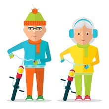 Old Man And Old Woman In Warm Clothing Walking With Bikes. Healthy Active Lifestyle. Sport For Grandparents. Objects Isolated On A White Background. Flat Vector Illustration.