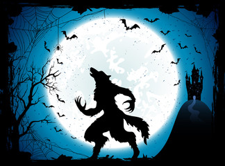 Blue Halloween background with castle and werewolf