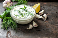 Tzatziki Sauce Ingredients Cucumber Garlic Healthy Food Backgrou
