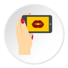 Sticker - Woman taking photo icon. Flat illustration of phone vector icon for web design