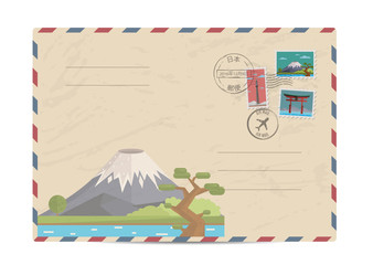 Wall Mural - Japan vintage postal envelope with postage stamps and postmarks on white background, isolated vector illustration. Mount Fuji. Fujiyama. Air mail stamp. Postal services. Envelope delivery.