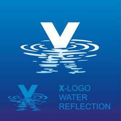 X letter logo water. Corporate style for the letter X: logo, background. Creative logo letter in the reflection in the aqua, sunrise, sunset.