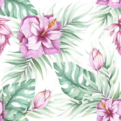 Naklejka dekoracyjna Seamless pattern with tropical flowers. Watercolor illustration.