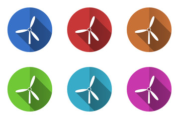 Poster - Flat design colorful web windmill vector icons. Round power plant symbols.