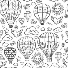 Doodle Hot Air Balloons Pattern With Birds, Clouds, Sun, Butterflies