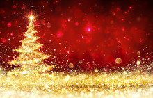 Shining Christmas Tree - Golden Glitter Sparkling In The Red Background
