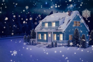 Poster - Composite image of illuminated turquoise house covered in snow