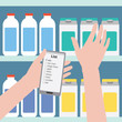 Supermarket. Flat design vector illustration. Man is holding a phone with a shopping list on a background of bottles, the other hand takes the product off the shelf