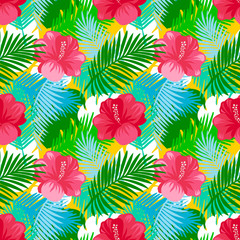 Wall Mural - Tropical leaves pattern with flowers. Summer exotic floral palm and  jungle leaves pattern background. Vector illustration. 