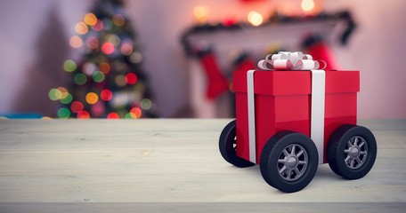 Poster - Composite image of gift box wrapped in red paper with ribbon on 