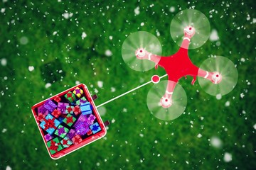 Poster - Composite image of overhead view of drone pulling chirstmas sled