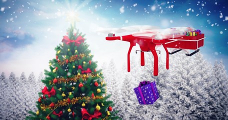 Poster - Composite image of flying drone pulling chirstmas sledge