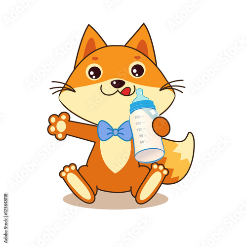 Cute Funny Fox Holding A Bottle Of Milk. Cheerful ...