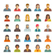 People faces avatars vector icons. Flat color portraits of happy men and women, young and senior. Caucasian, African, Asian, Arab ethnicity. Characters with different lifestyles, hairstyles, clothes