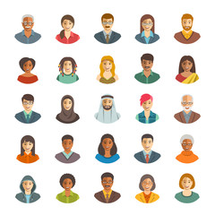 People faces avatars vector icons. Flat color portraits of happy men and women, young and senior. Caucasian, African, Asian, Arab ethnicity. Characters with different lifestyles, hairstyles, clothes